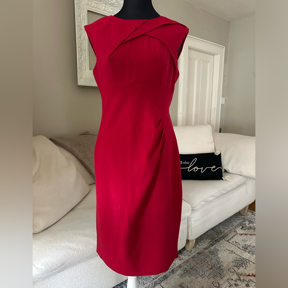 Adrianna Papell Elegant Pleated Crepe Sheath Sleeveless Dress Poppy Red Size 6